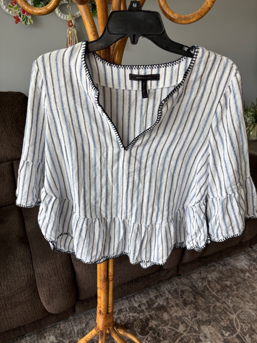 BCBGMaxAzria Blue and White Striped Ruffle Hem Peasant Blouse